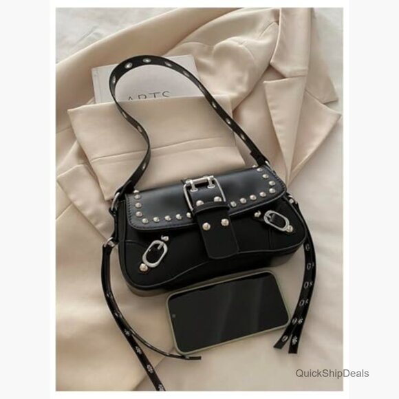 PU Leather Shoulder Bag Punk Rivet Flap Studded Vintage Handbag - Picture 3 of 5